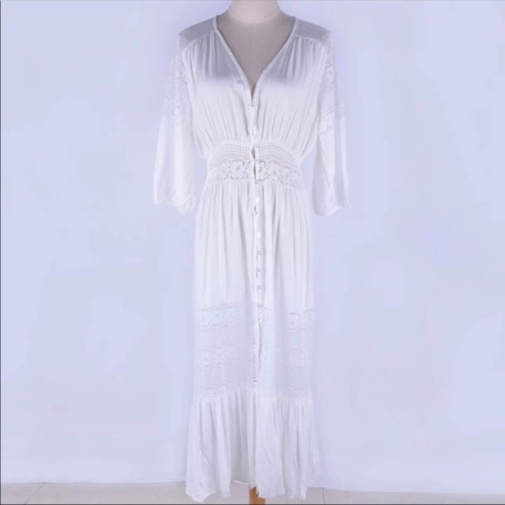 white Boho Maxi Dress Long Sleeve Lace Button up - Picture 7 of 8